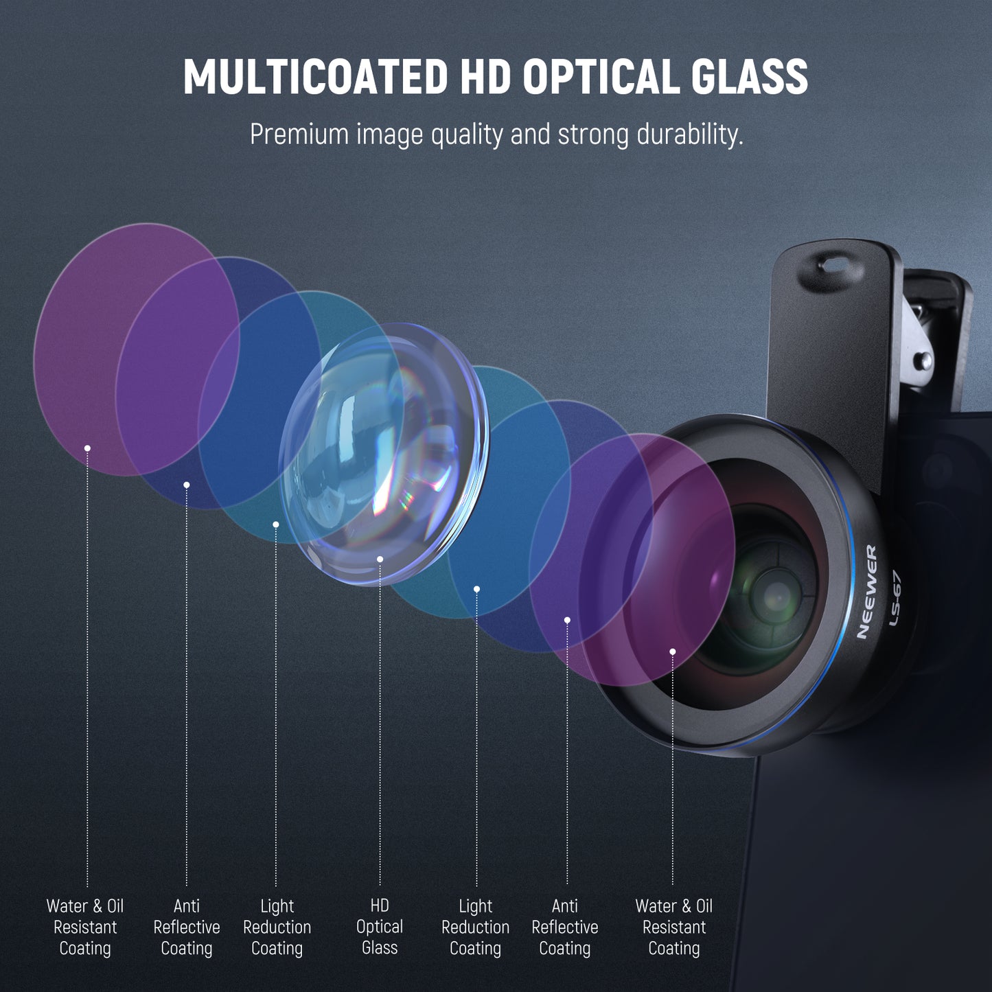Multicoated HD optical glass lens with coating layers and Neewer branding on a dark background.
