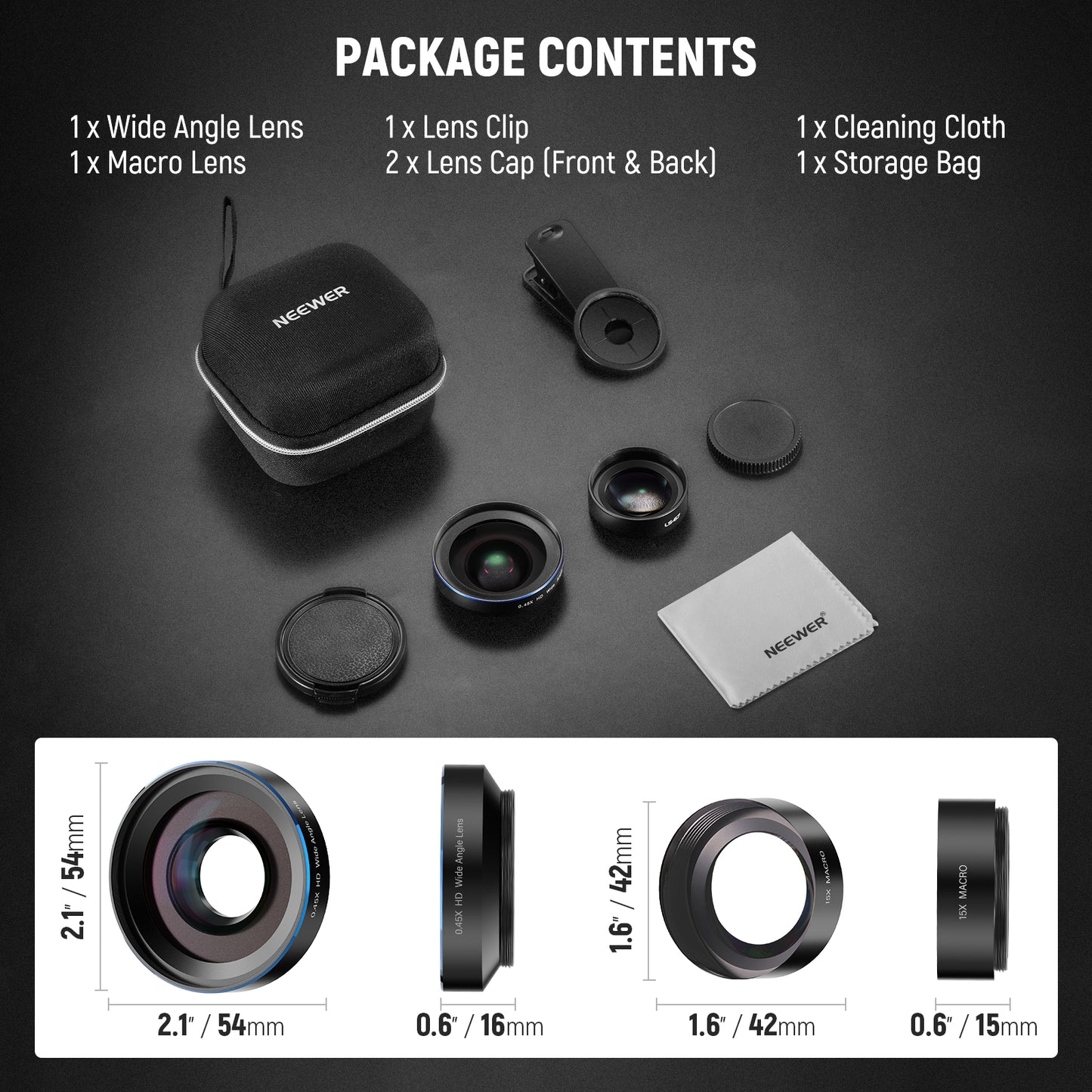 Package contents of camera lens set with Neewer branding on a dark background