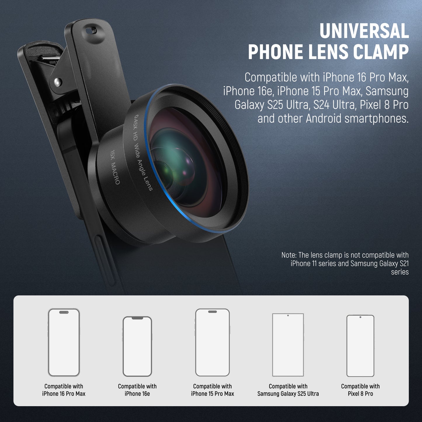 Universal phone lens clamp with compatibility information on a dark background
