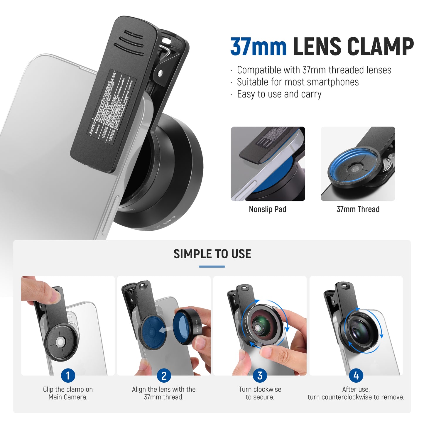 37mm lens clamp with compatibility details and usage instructions on a white background