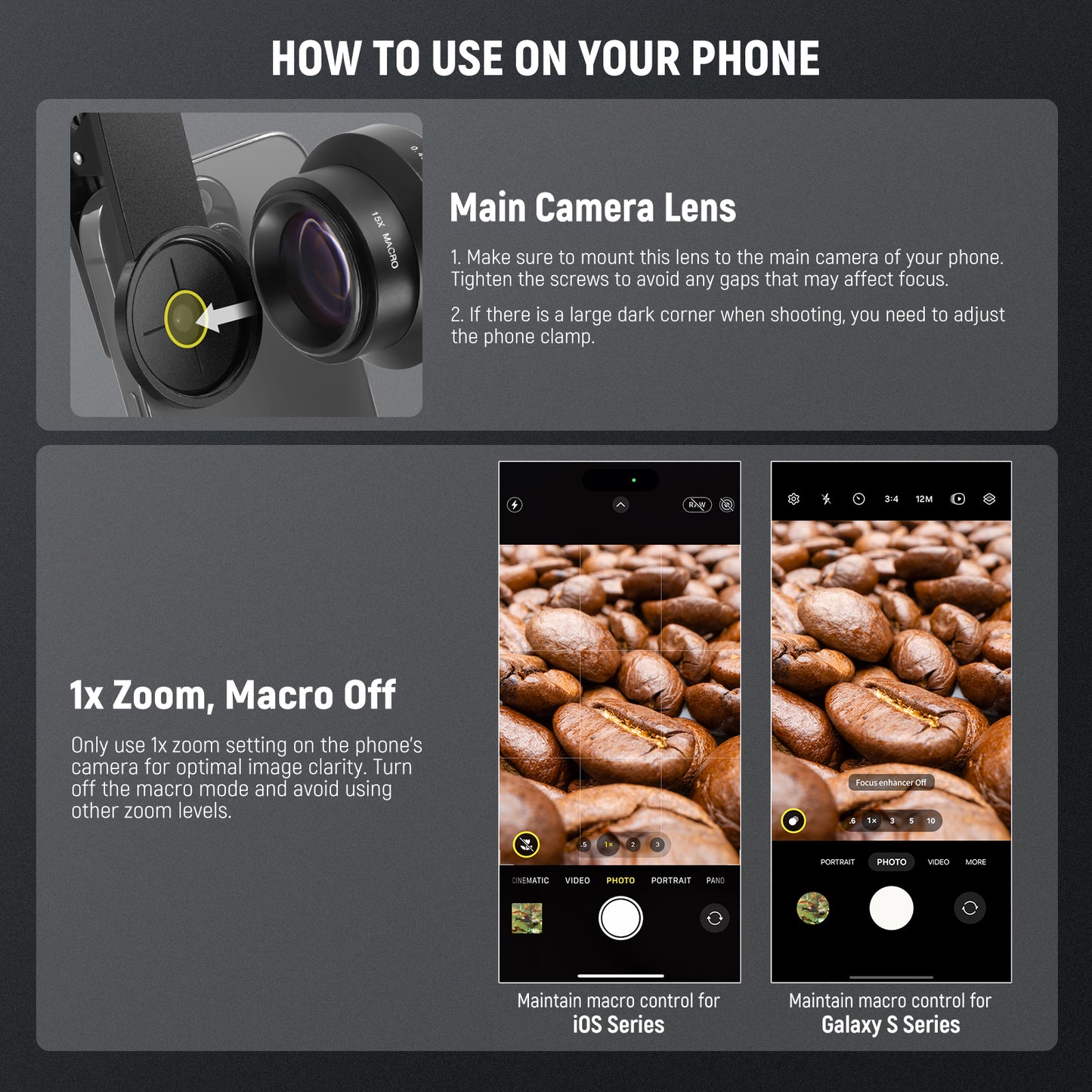 Instructions on using a camera lens on a phone with images of coffee beans.