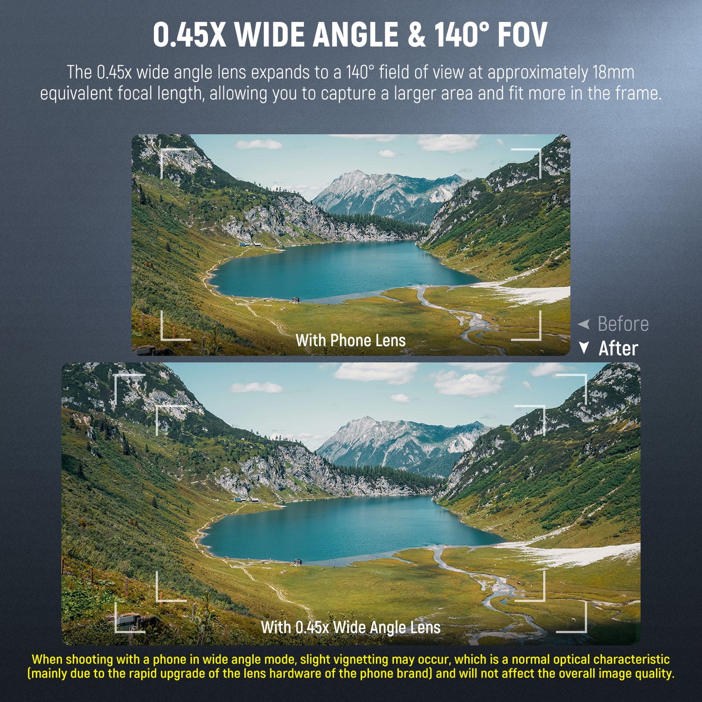 Comparison of landscape view with and without wide angle lens on a smartphone.