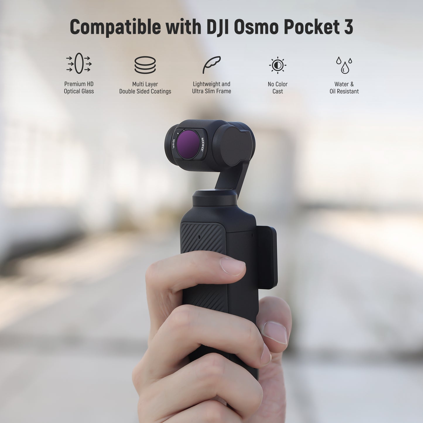 Hand holding a DJI Osmo Pocket 3 camera with features listed above.