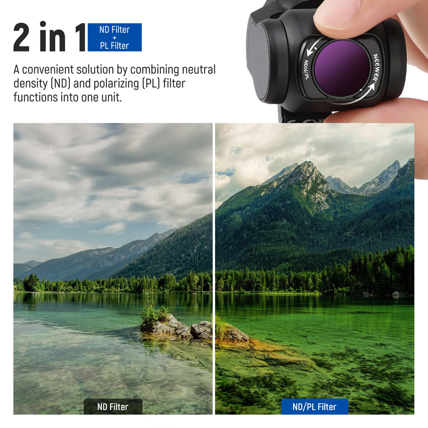 Camera filter with ND and PL functions shown on a scenic mountain lake background