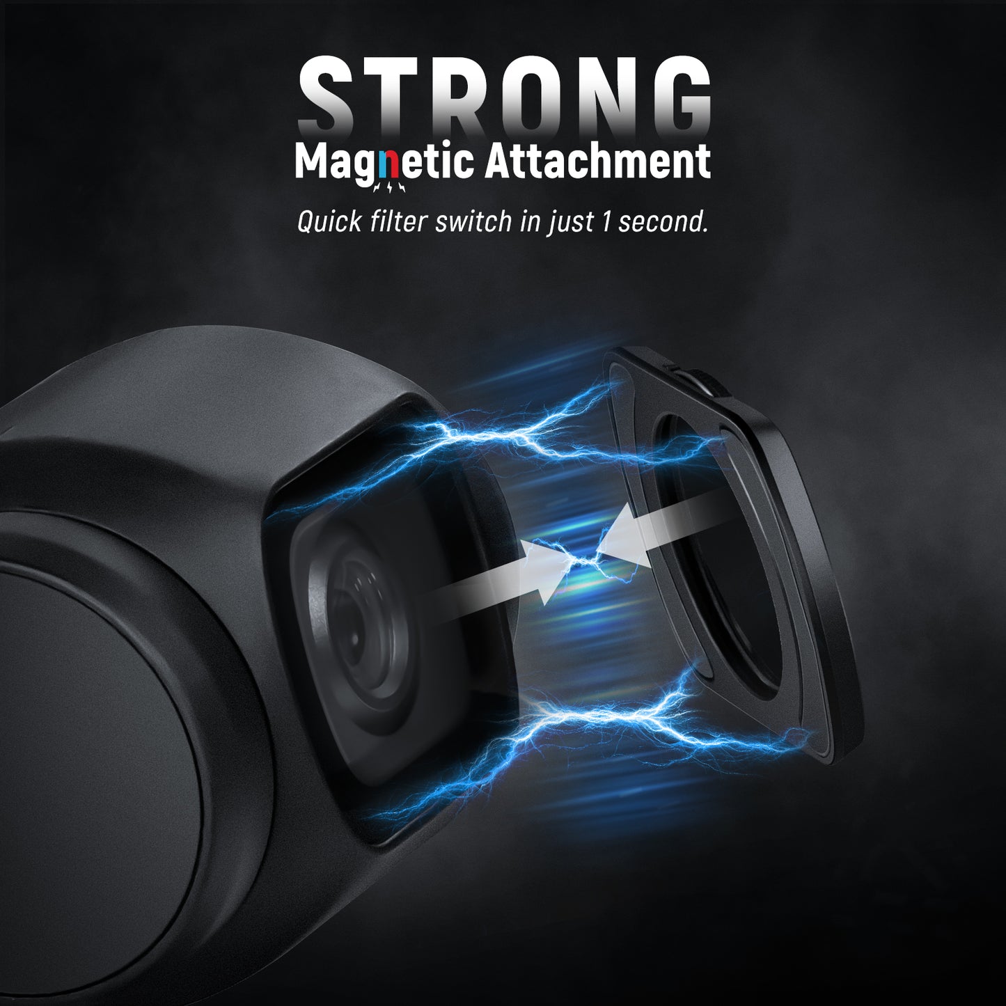 Strong magnetic attachment with a quick filter switch on a dark background