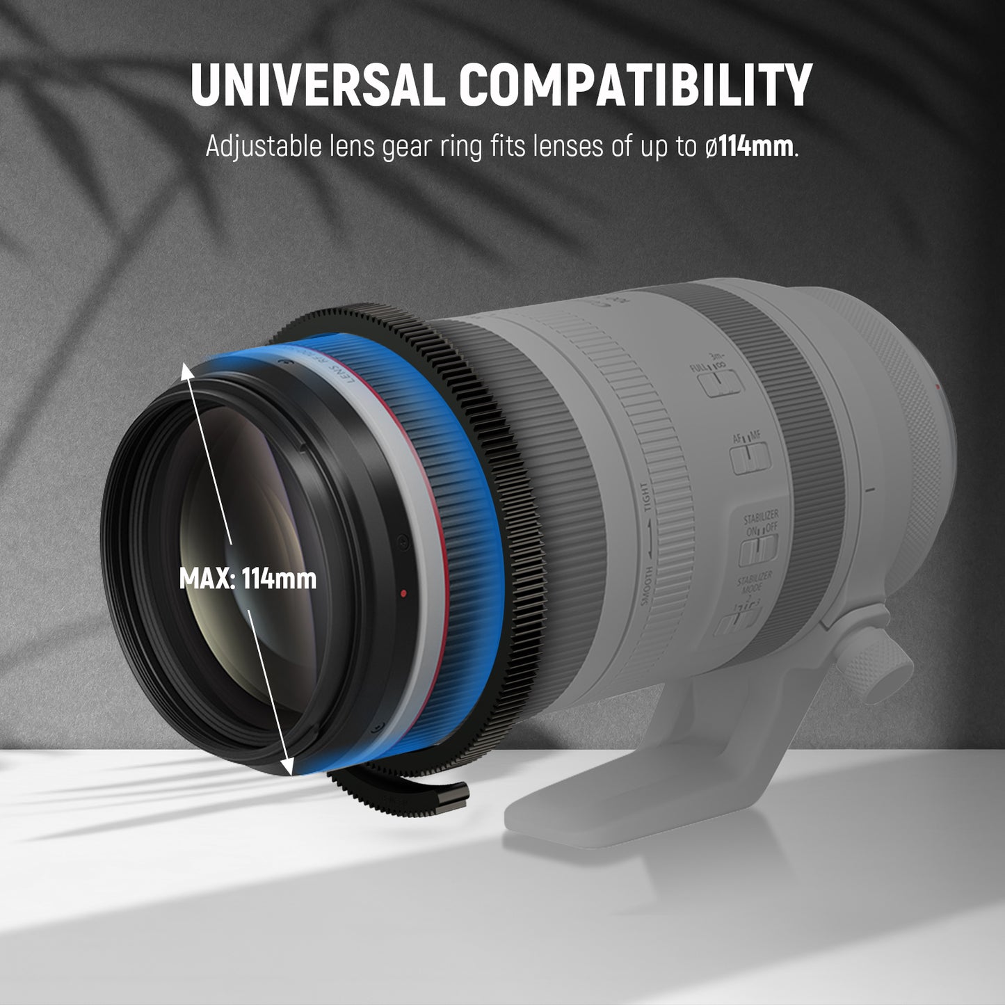 Camera lens with adjustable gear ring on a gray background