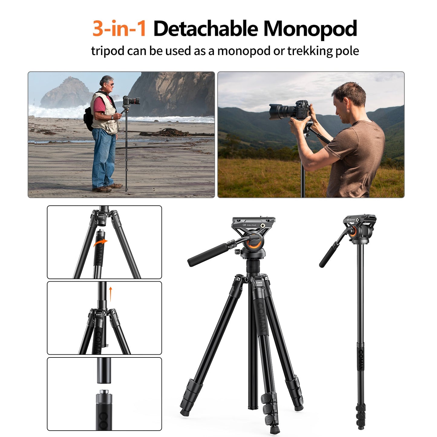 2-in-1 Aluminum Tripod Monopod with Fluid Head