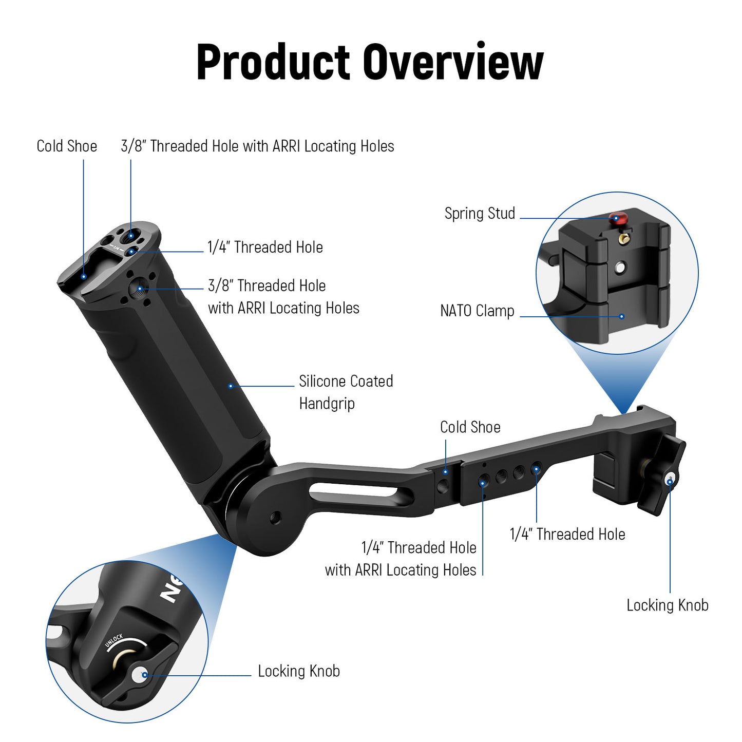 Technical diagram of a camera mount with labeled parts on a white background