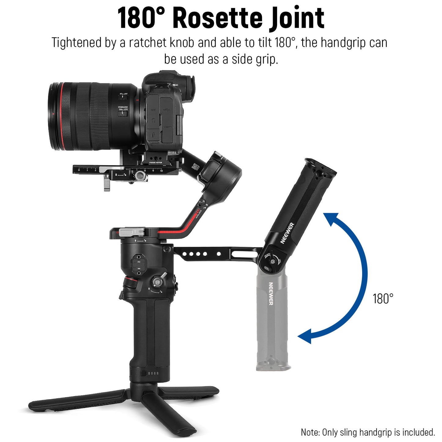 Camera stabilizer with 180-degree rosette joint feature on a white background