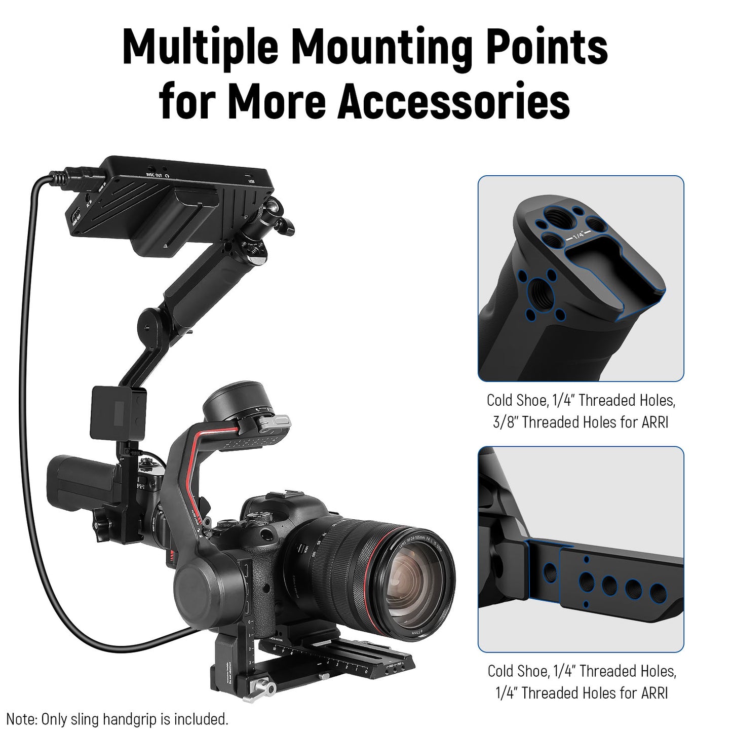 Camera stabilizer with multiple mounting points for accessories on a white background