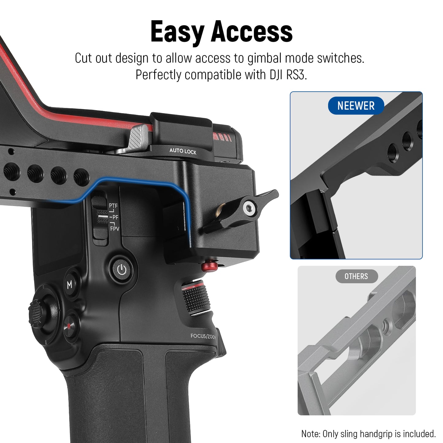 Camera stabilizer with gimbals and mode switches, compatible with DJI RS3.