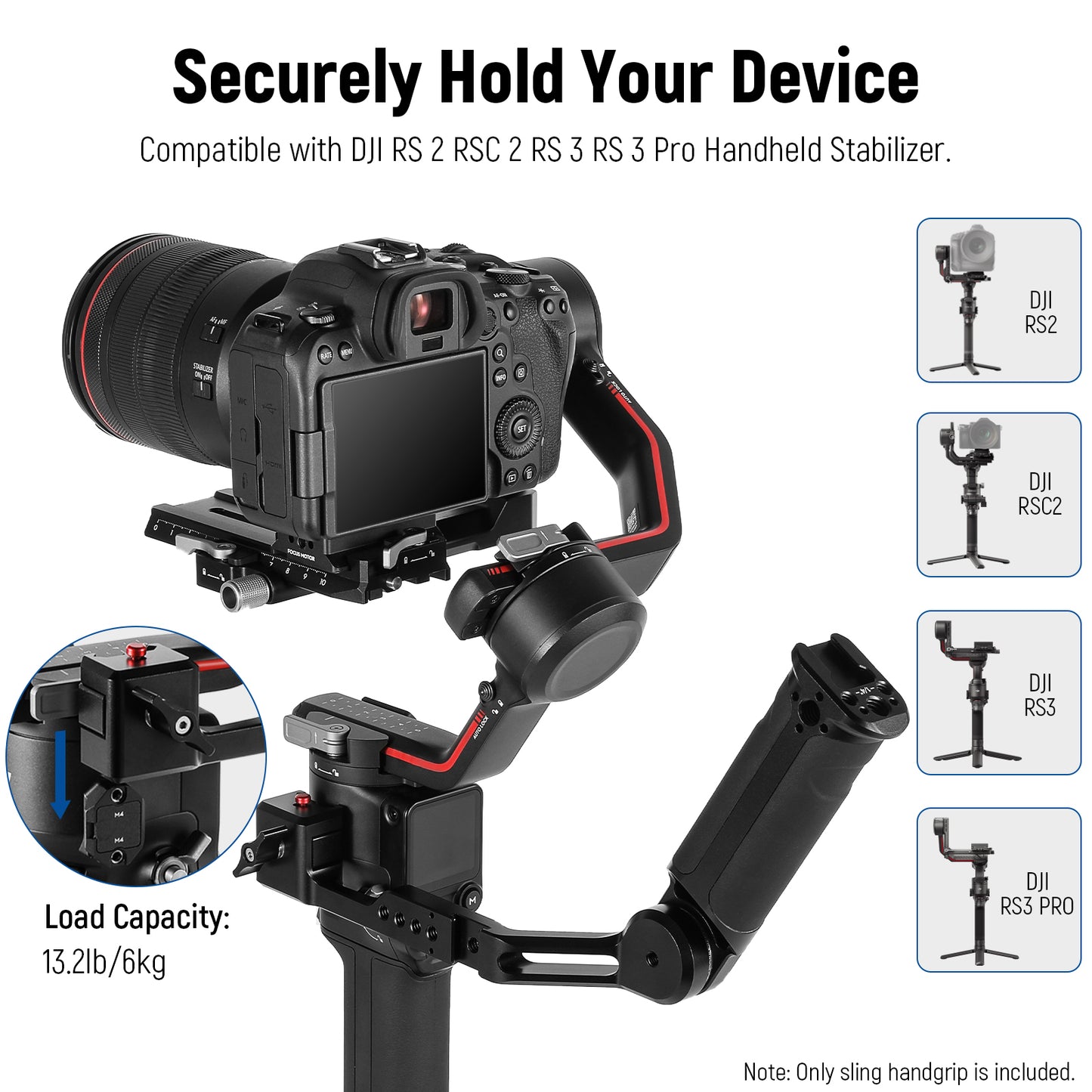 Camera stabilizer with camera attached, compatible with DJI models, on a white background.