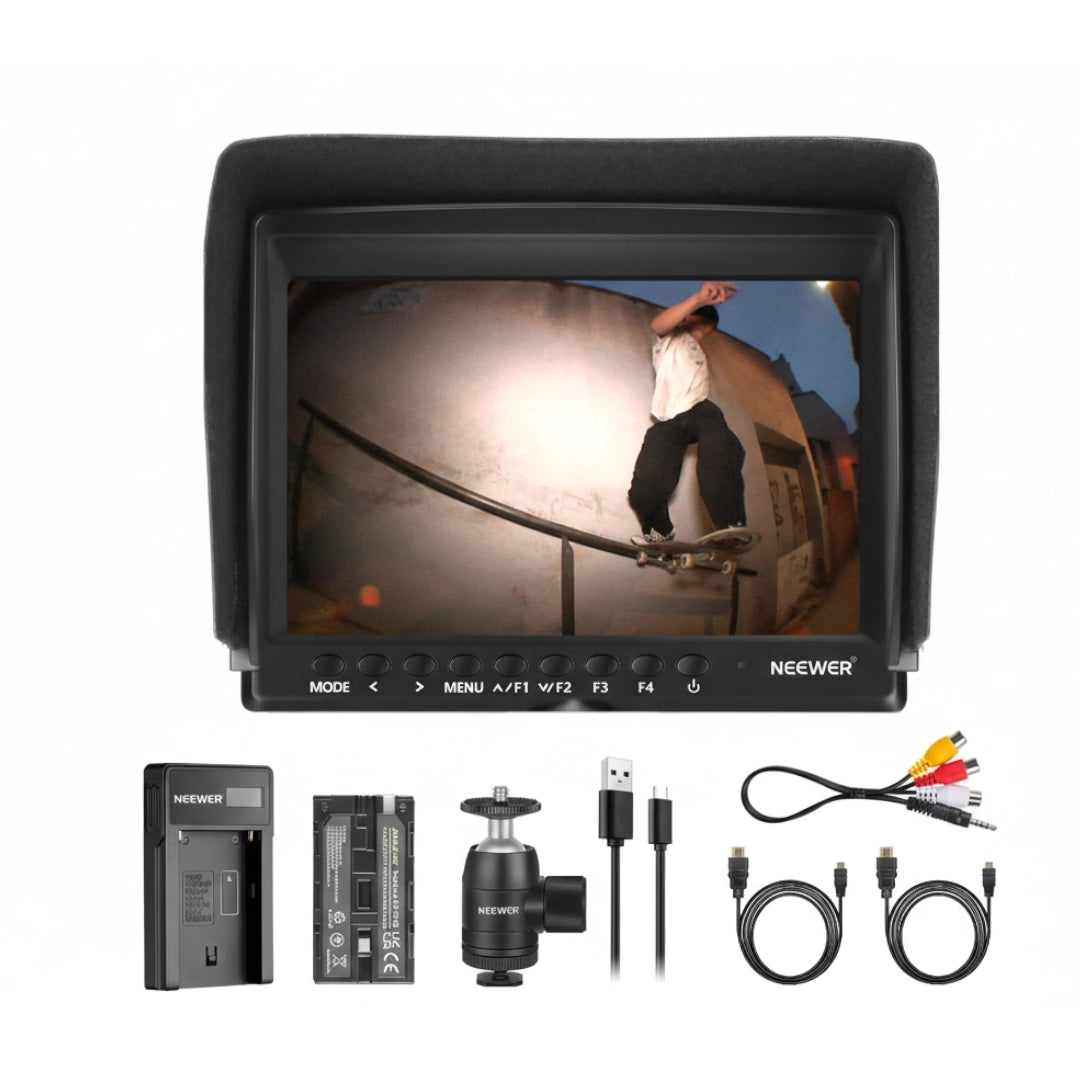 7-inch camera monitor with accessories on a white background