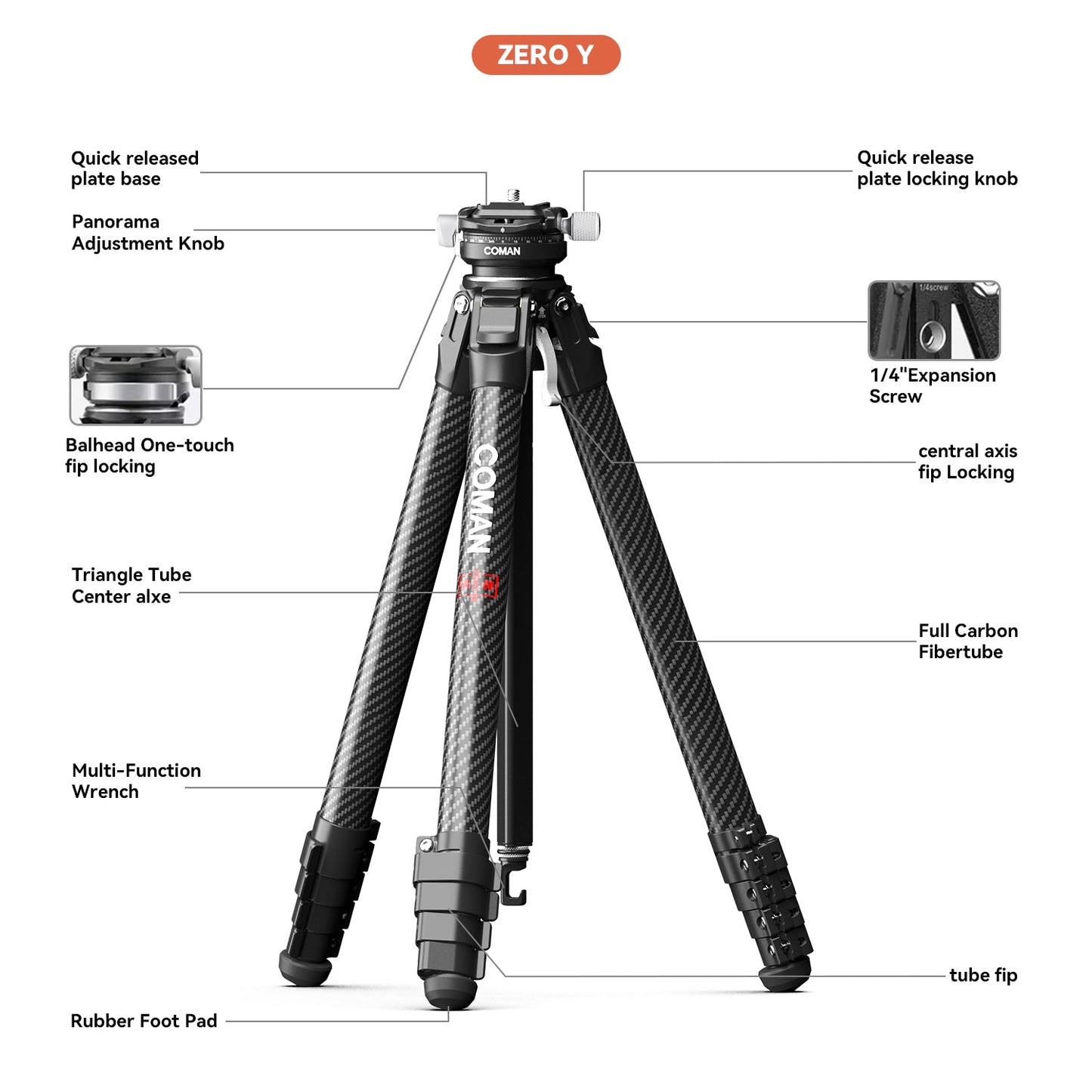 Zero Y Professional Carbon Fiber Tripod with 360° Ball Head