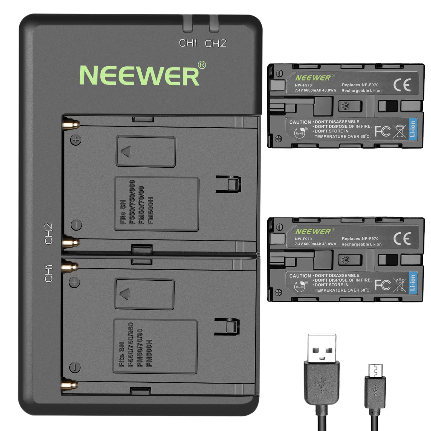 NW-F970 2Pcs 7800mAh NP-F970 Replacement Batteries