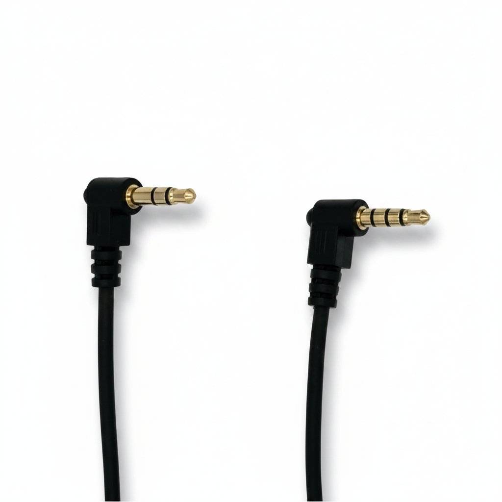 Close-up of the two 3.5mm connectors on the ImmersionRC PowerPlay camcorder cable, 3-pin TRRS end and 2-pin TRS end
