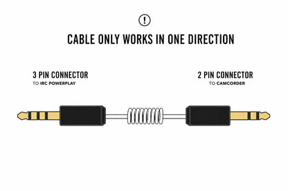 Diagram showing the 3.5mm cable is directional: 3-pin connector goes to the ImmersionRC PowerPlay, 2-pin connector goes to the camcorder