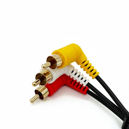 Close-up of the yellow, white, and red RCA plugs on the 3-RCA camcorder A/V cable for the ImmersionRC PowerPlay