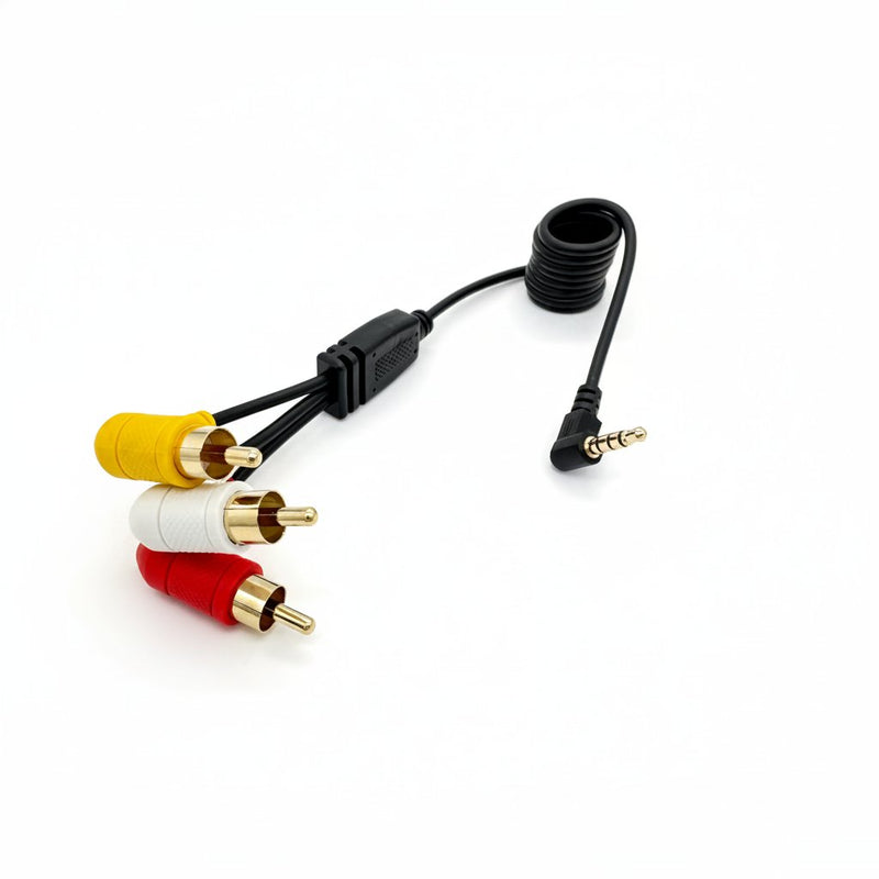 3-RCA to TRRS camcorder A/V cable for the ImmersionRC PowerPlay, yellow, white, and red RCA plugs