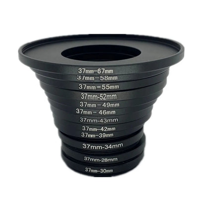 Stack of black 37mm step-up and step-down adapter rings with engraved sizes from 37-28mm to 37-67mm