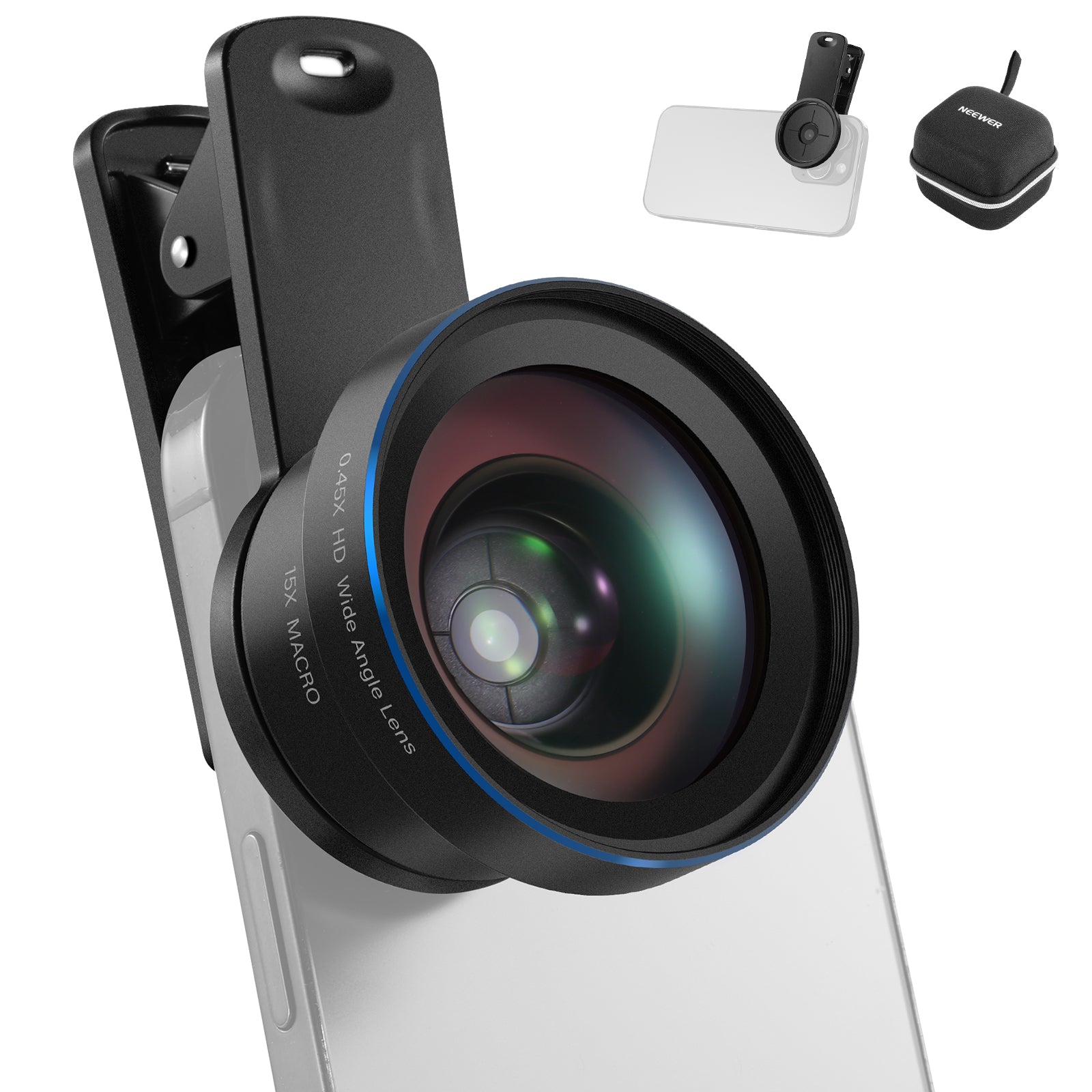 Phone camera lens with additional accessories on a white background