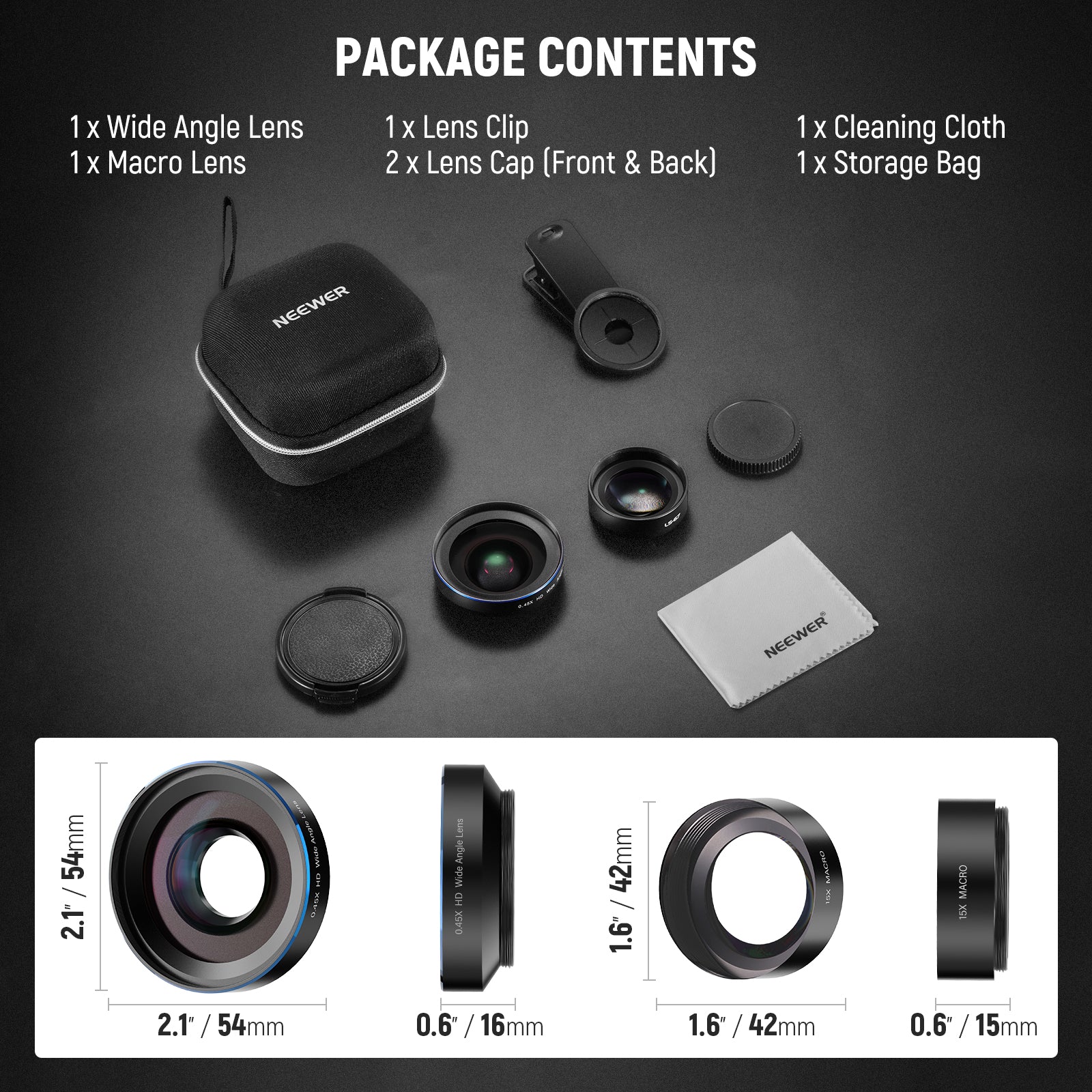 Package contents of camera lens set with Neewer branding on a dark background