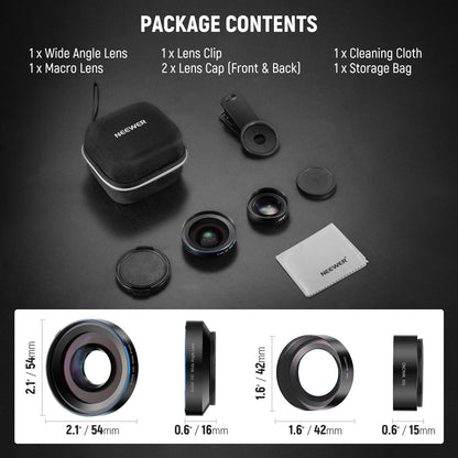 Package contents of camera lens set with Neewer branding on a dark background