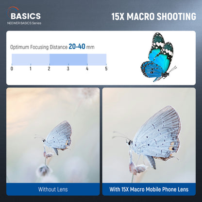 Comparison of a butterfly at different focusing distances with and without a 15x macro lens.
