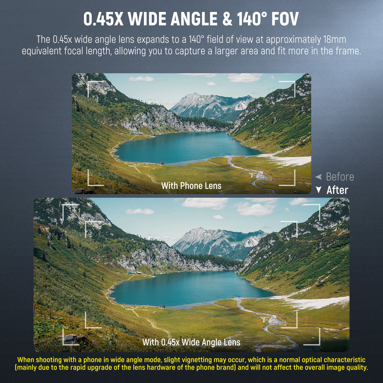 Comparison of landscape view with and without wide angle lens on a smartphone.