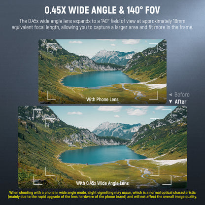 Comparison of landscape view with and without wide angle lens on a smartphone.