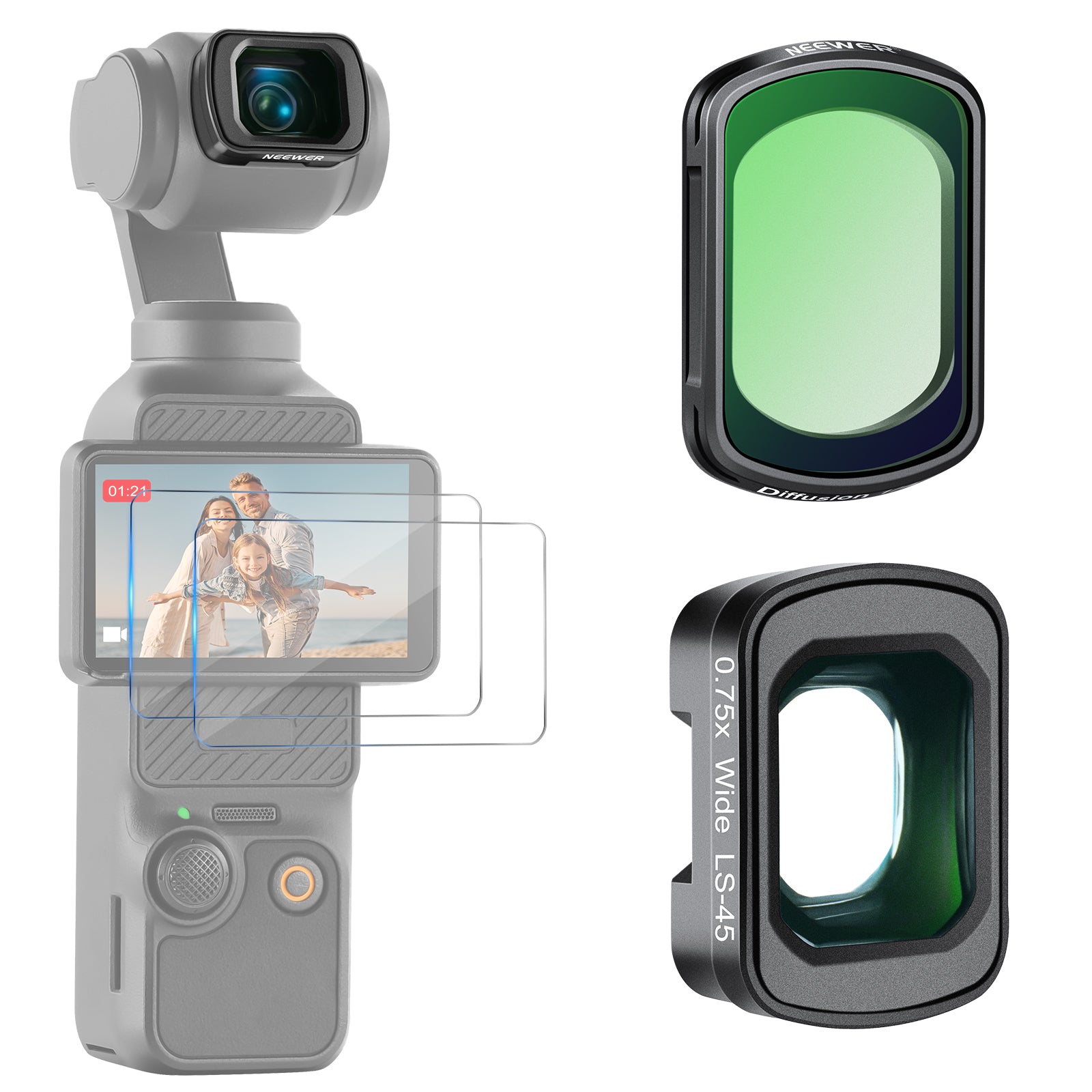 Camera equipment with lens filters and screen protector on a white background