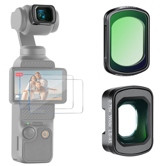 Camera equipment with lens filters and screen protector on a white background