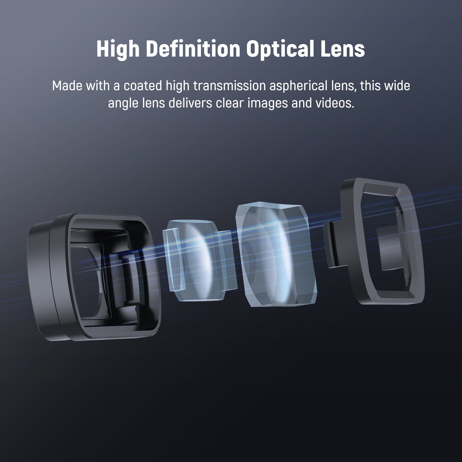 High definition optical lens with a dark background and text describing its features.