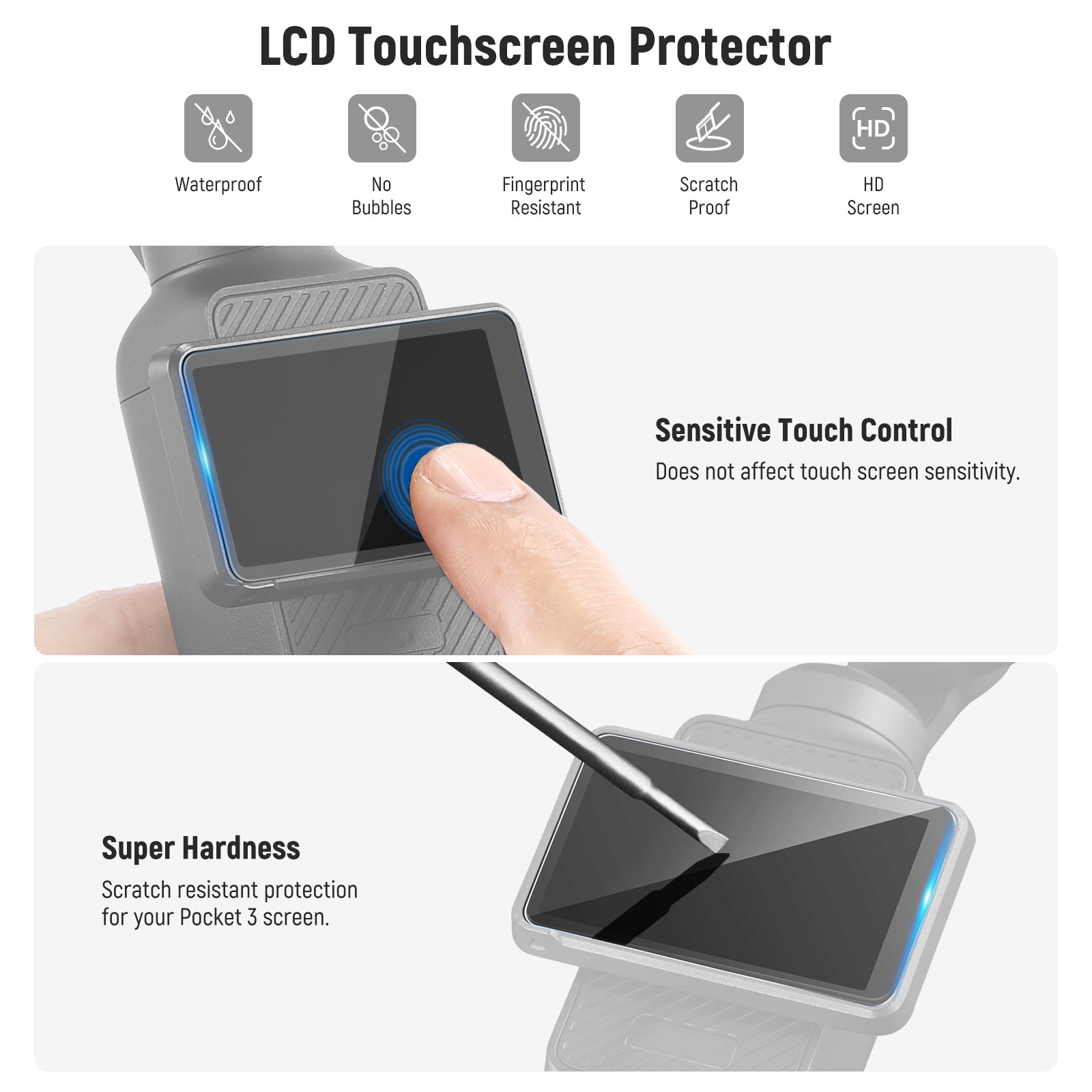 LCD Touchscreen Protector with features listed on a white background
