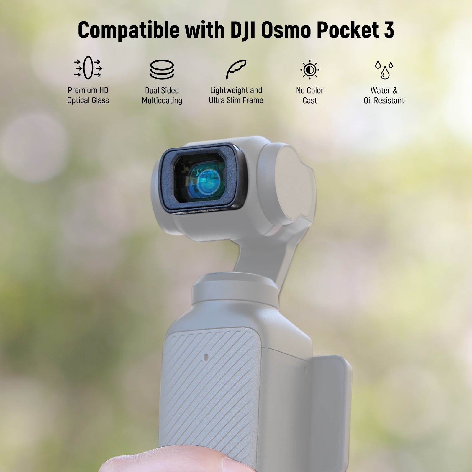 DJI Osmo Pocket 3 camera with features listed on a blurred natural background