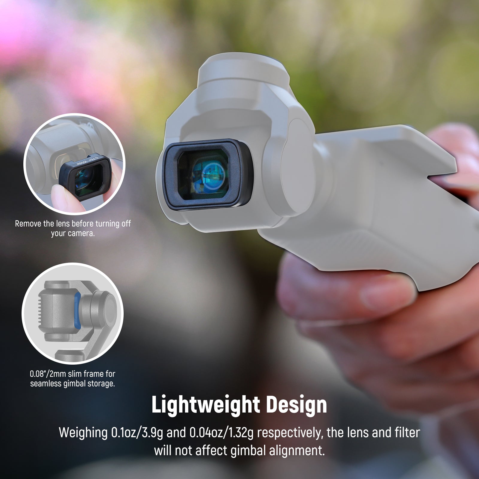 Hand holding a camera gimbal with text on lightweight design and features.