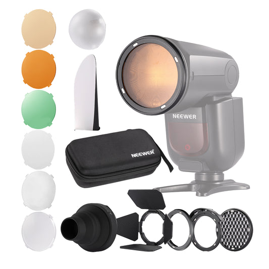 Neewer photography light modifier kit with various accessories on a white background