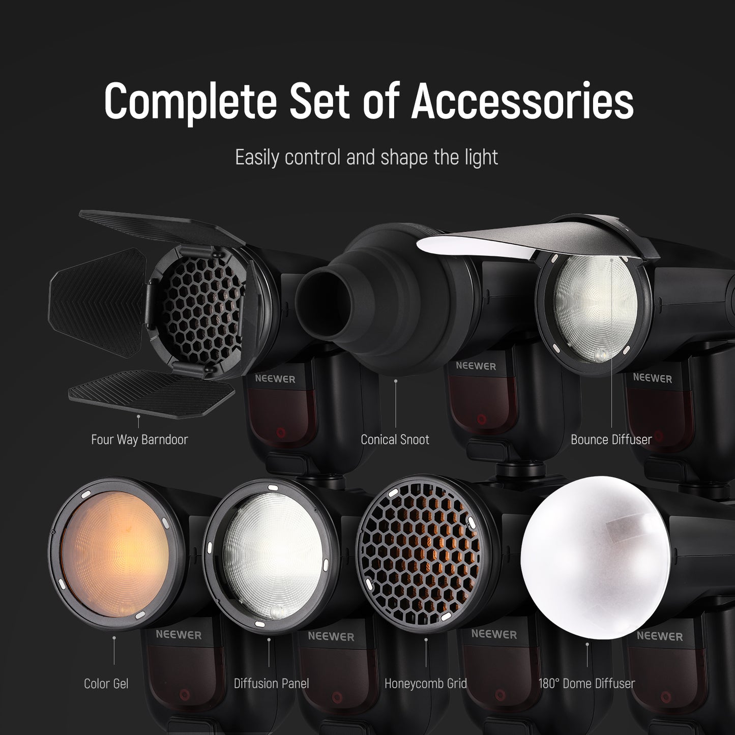 Set of Neewer lighting accessories with various shapes and features on a black background.