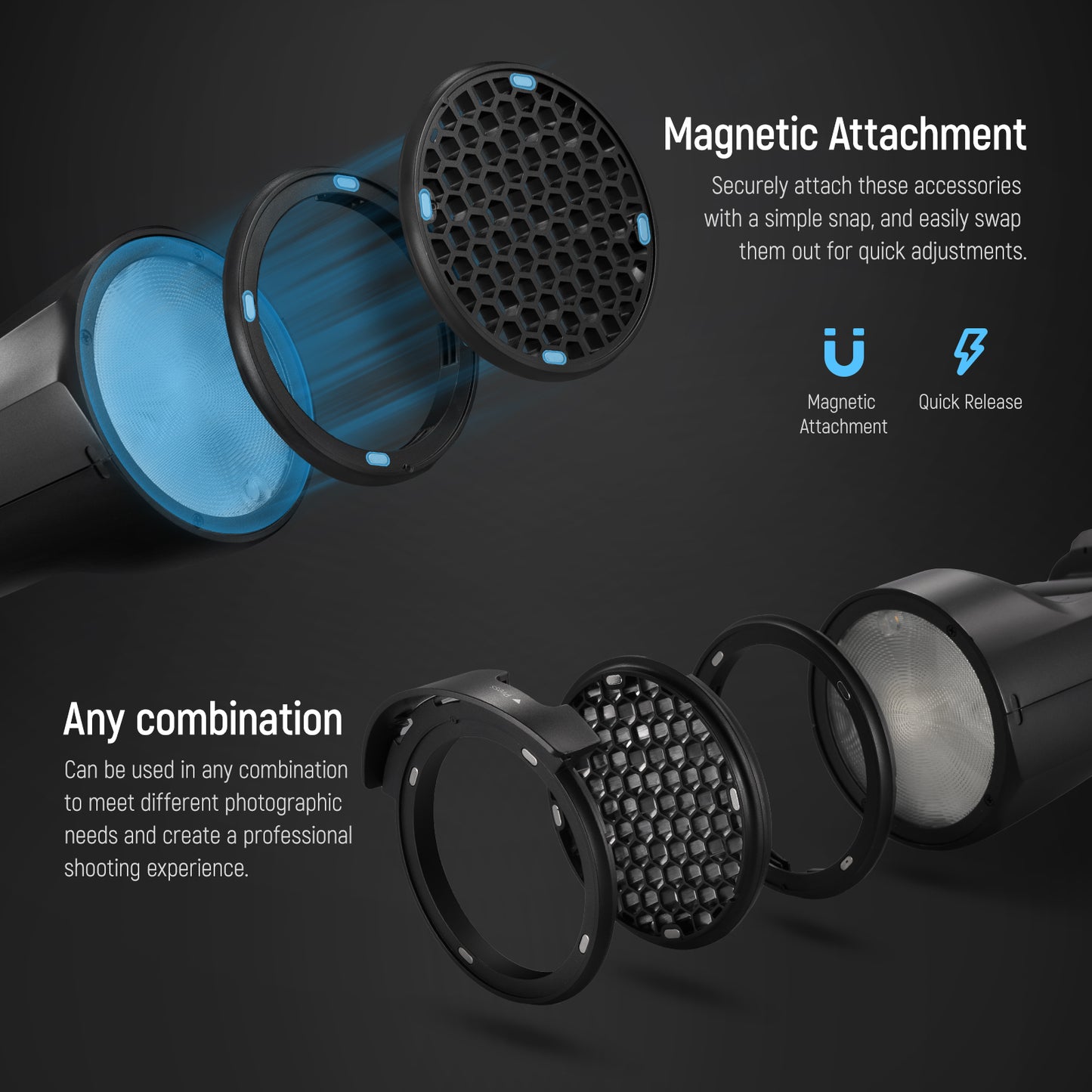 Magnetic attachment system for photography filters on a dark background