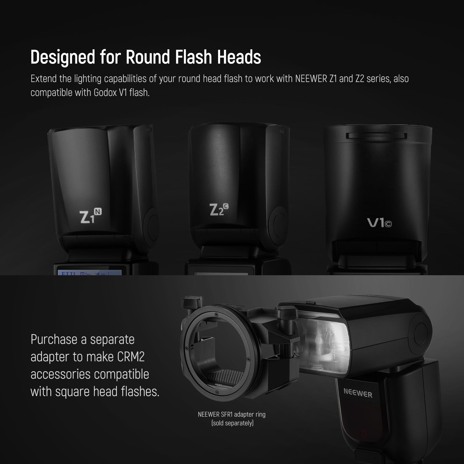 Round flash heads with NEWER branding on a black background