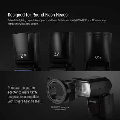 Round flash heads with NEWER branding on a black background