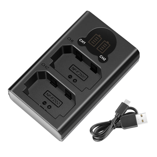 Dual battery charger with USB cable on a white background
