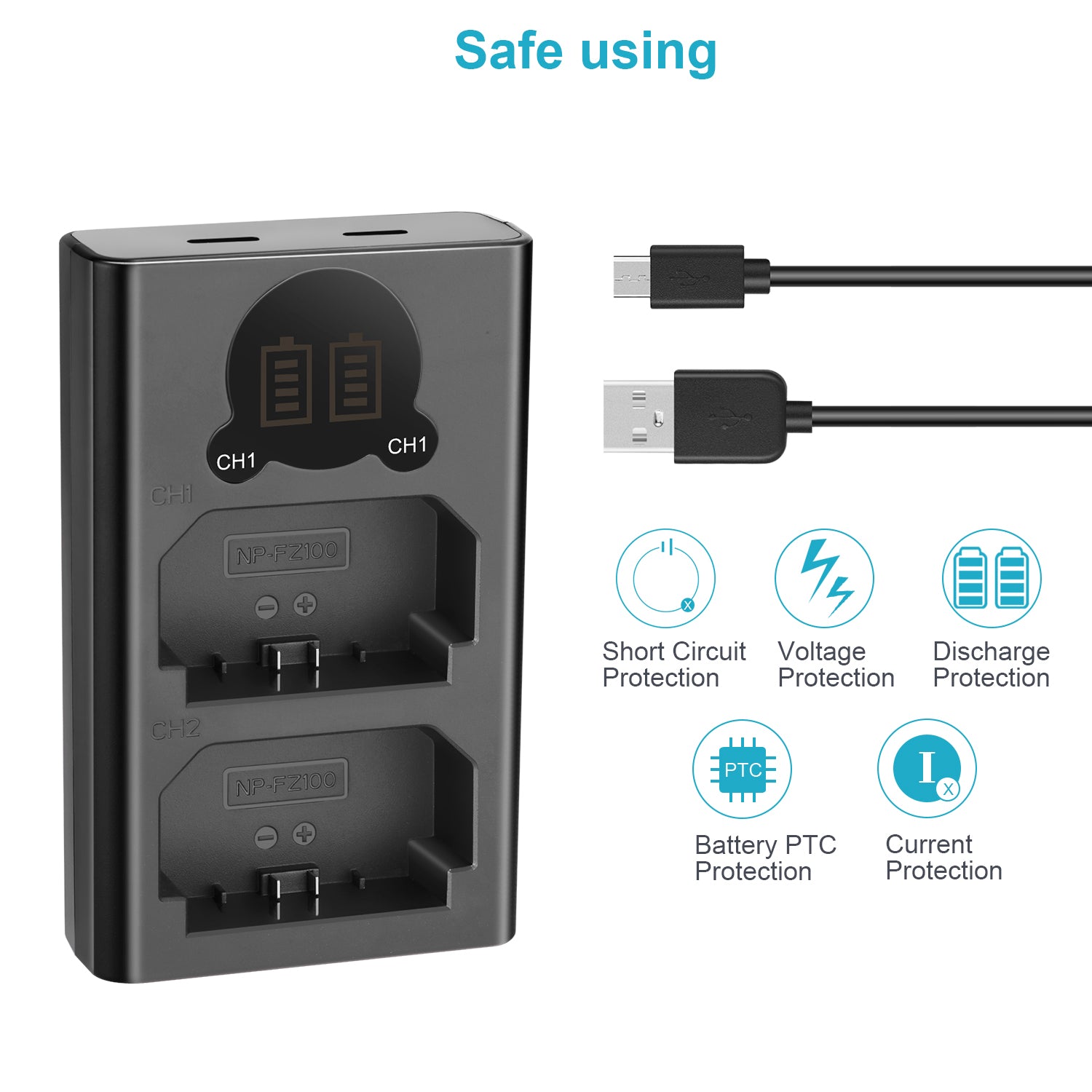 Black battery charger with USB cable and safety features icons on a white background