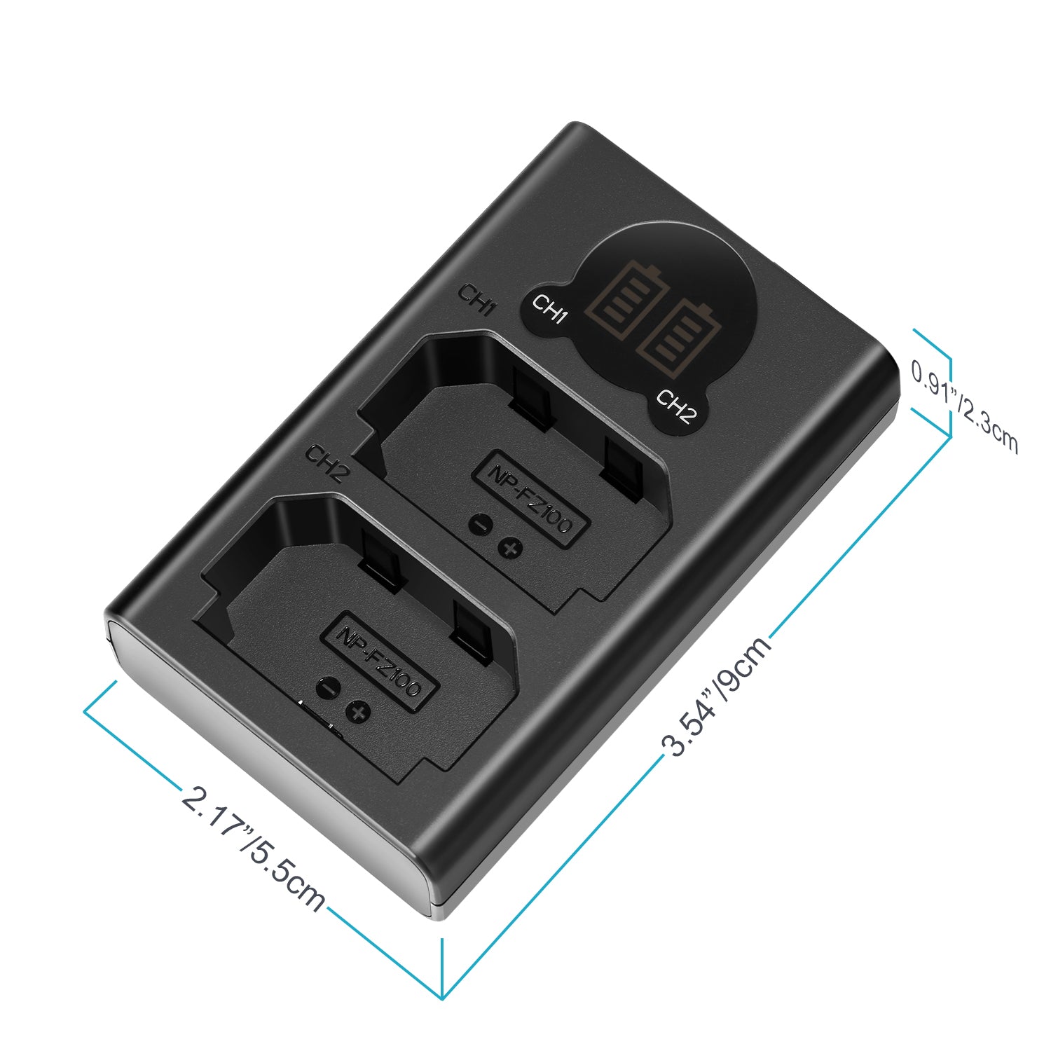 Black dual battery charger with charging ports and dimensions on a white background