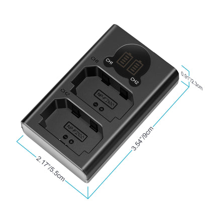 Black dual battery charger with charging ports and dimensions on a white background