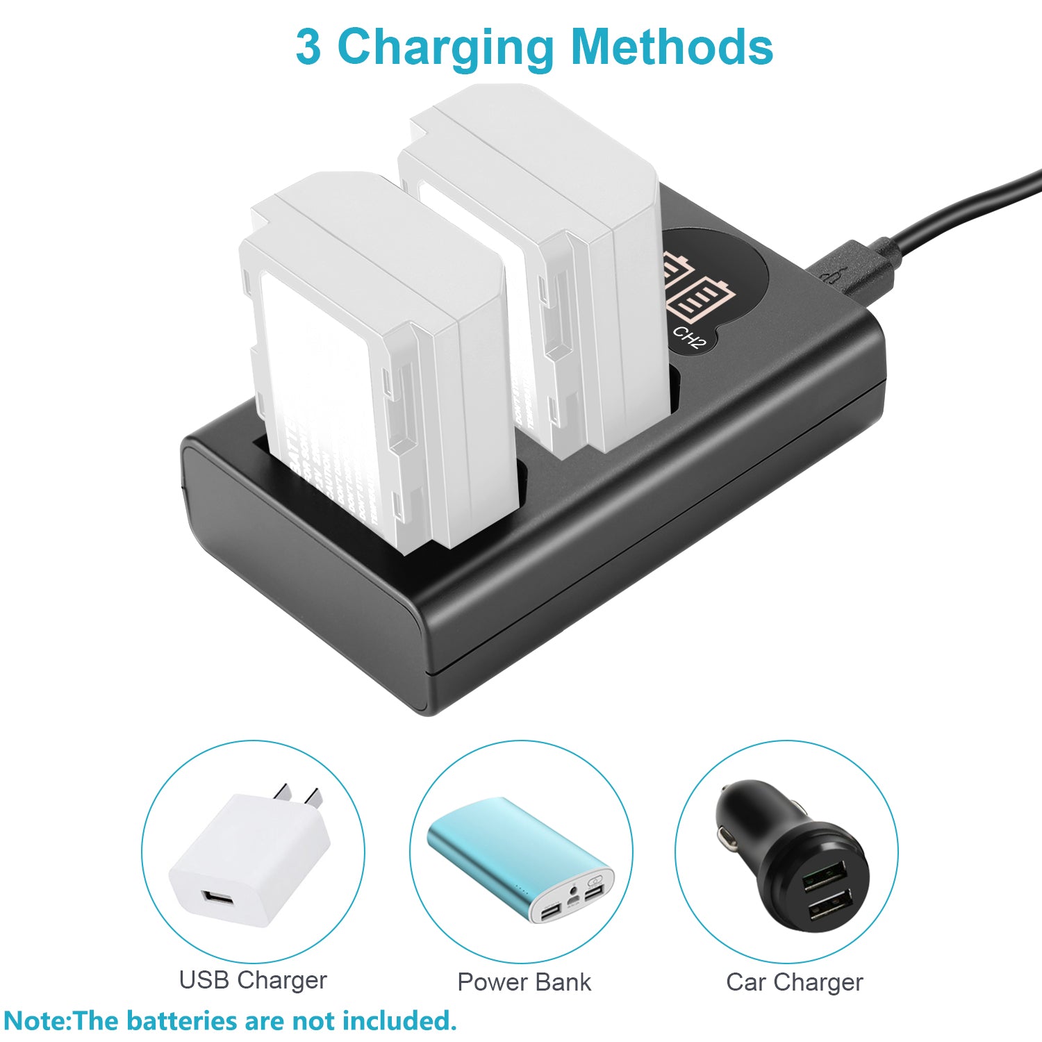 Charging station with three charging methods indicated, including USB charger, power bank, and car charger.