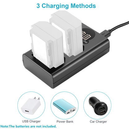 Charging station with three charging methods indicated, including USB charger, power bank, and car charger.