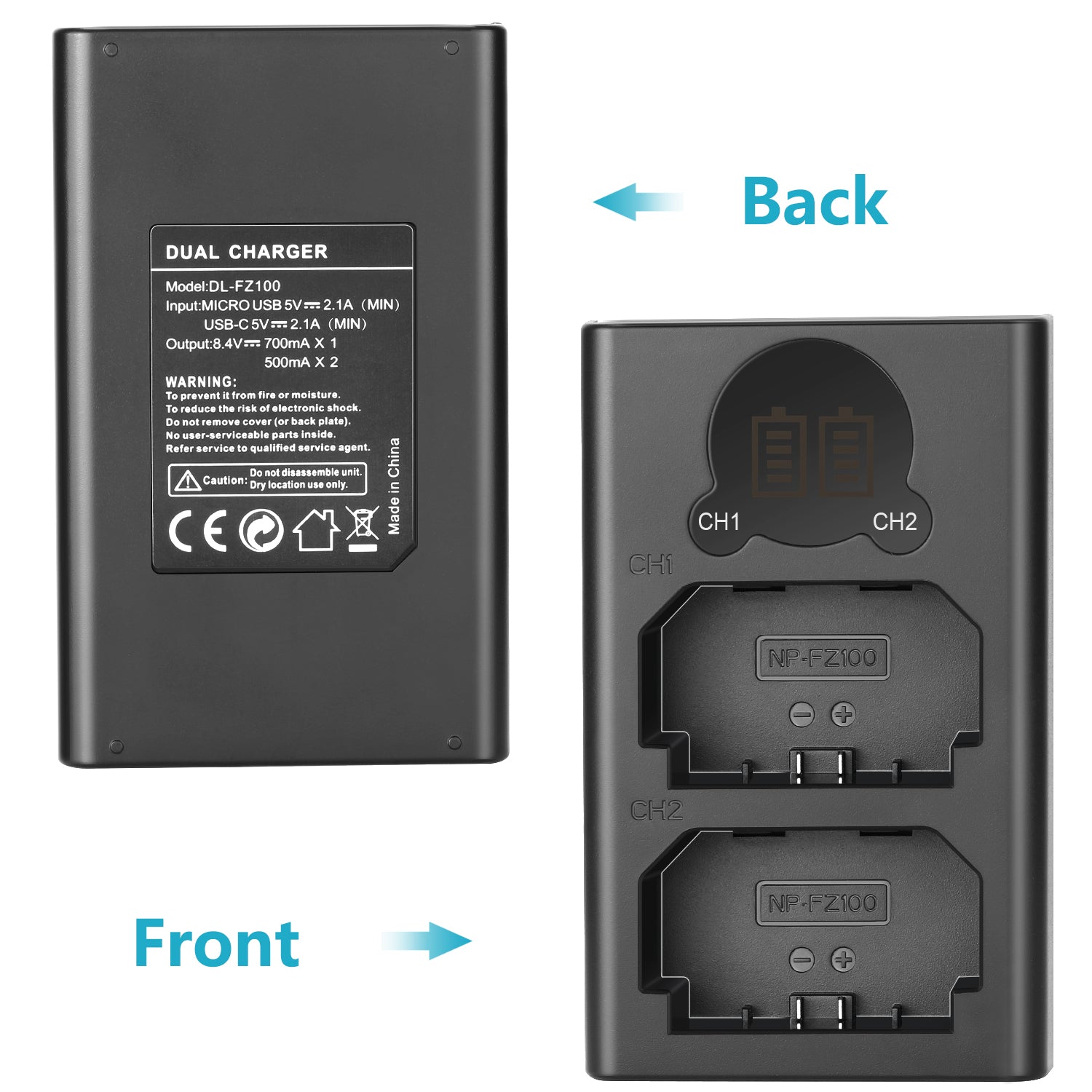 Dual charger with front and back views on a white background