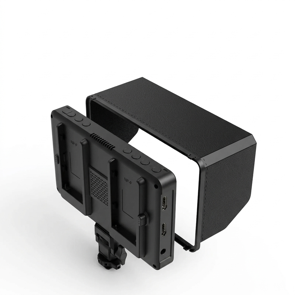 Field monitor with sunshade on a white background