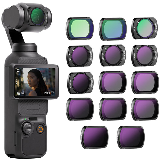 Camera gimbal with a screen displaying a person, surrounded by various camera filters on a white background.